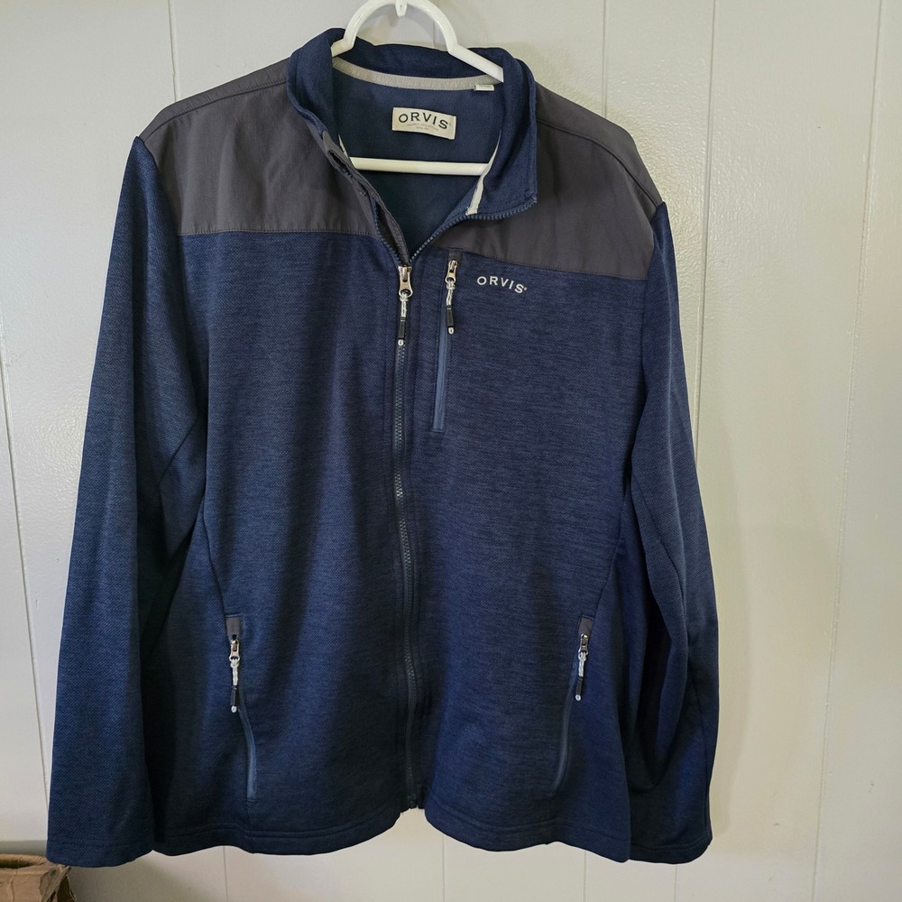 Orvis Full Zip Fleece Jacket Mens Large Blue Grey Mock Neck Outdoor‎ Layer